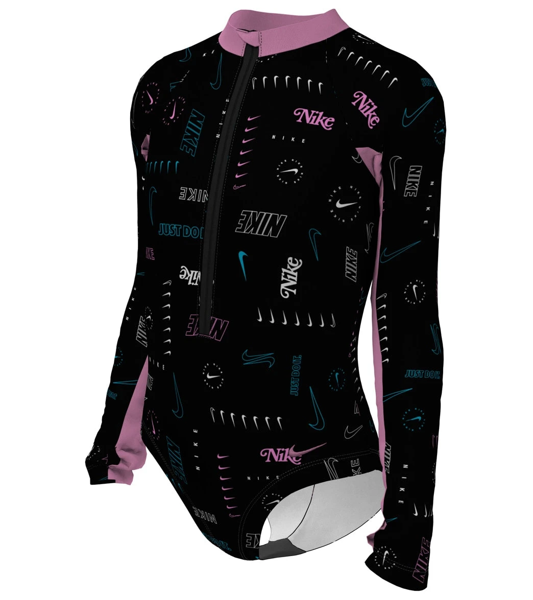 Nike Girls' Logo Toss Long Sleeve One Piece Swimsuit (Big Kid) - Image 2
